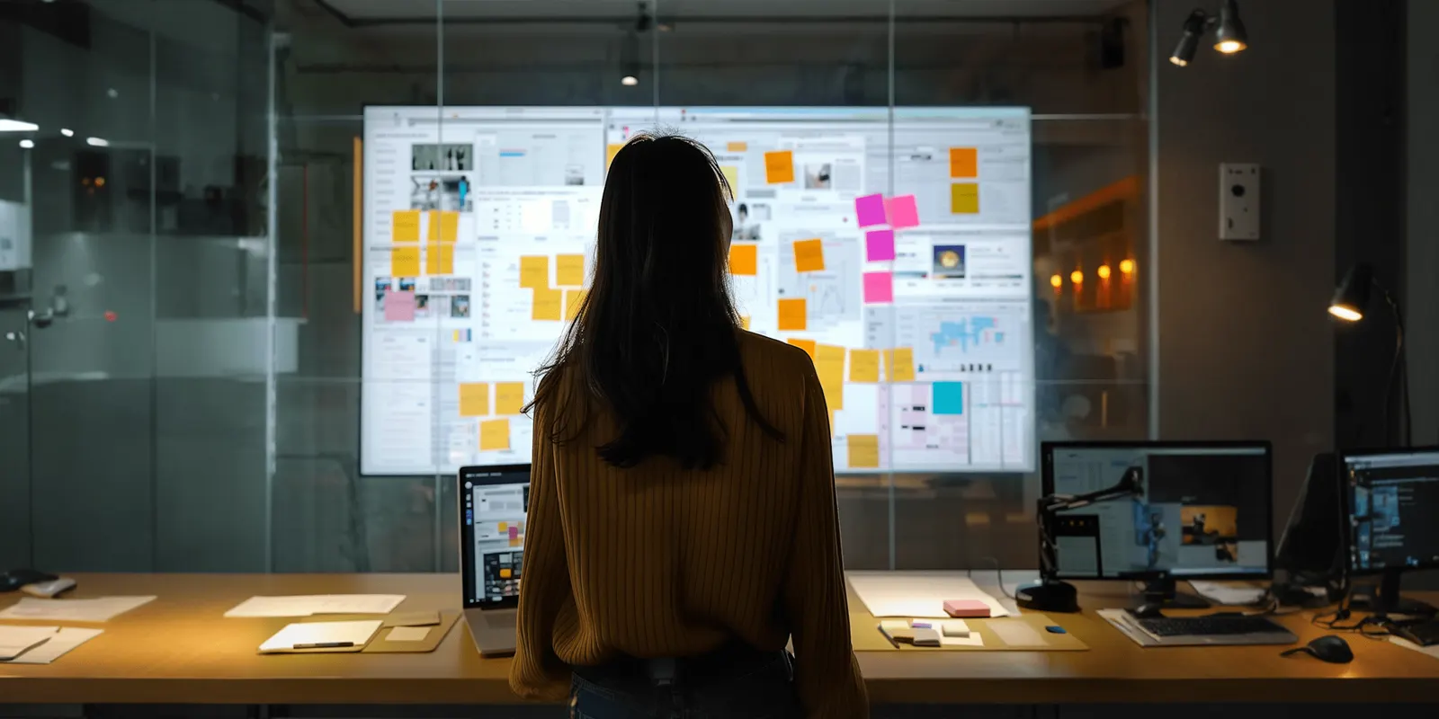 A woman studies a wall screen of layouts and sticky notes, the kind of board a client reads before any clip exists