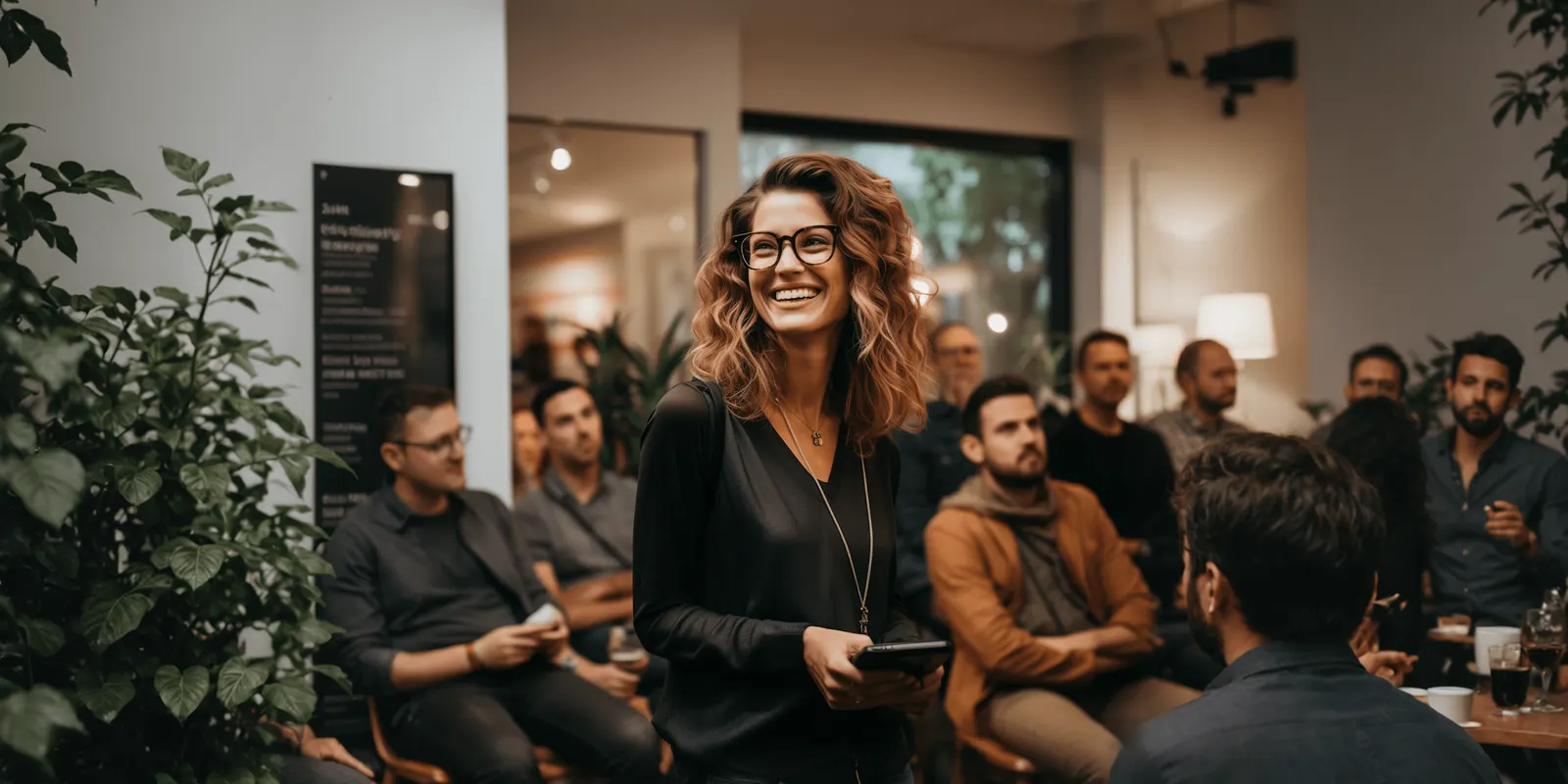 A smiling woman holding a tablet stands before a seated group in a room with plants, the committee review that causes a third round