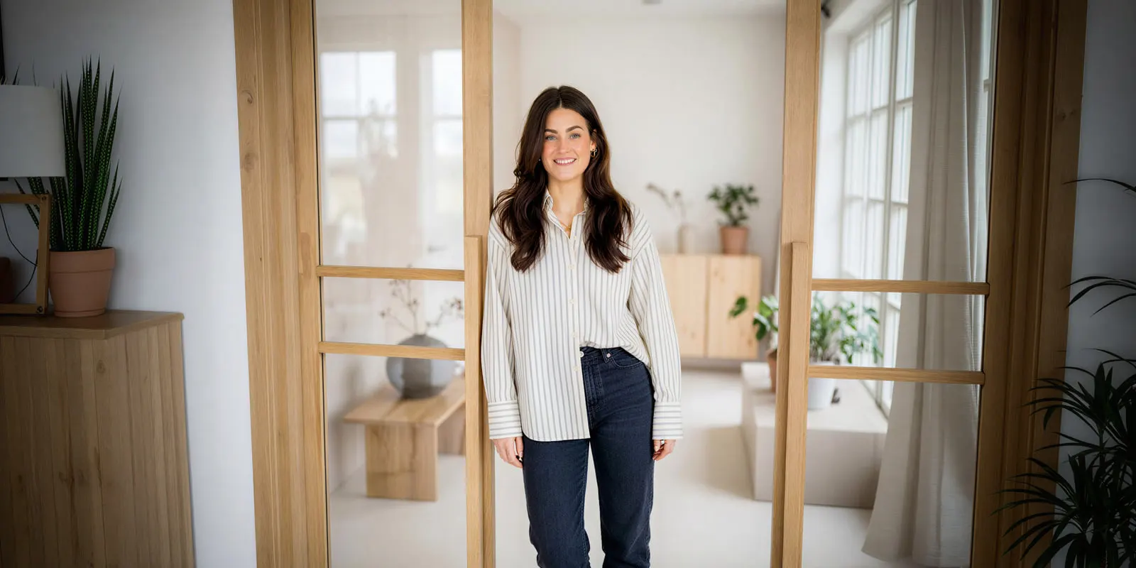 Smiling woman in a striped shirt and jeans stands in the doorway of a bright room with wood furniture, the in-context frame one slot needs
