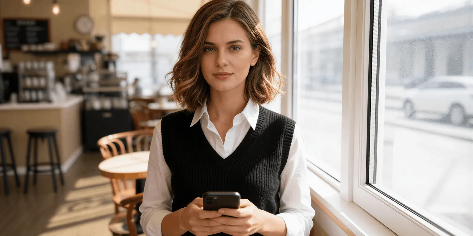 Woman in a knit vest holding a phone by a cafe window, the kind of one-person creator business a professional account is for