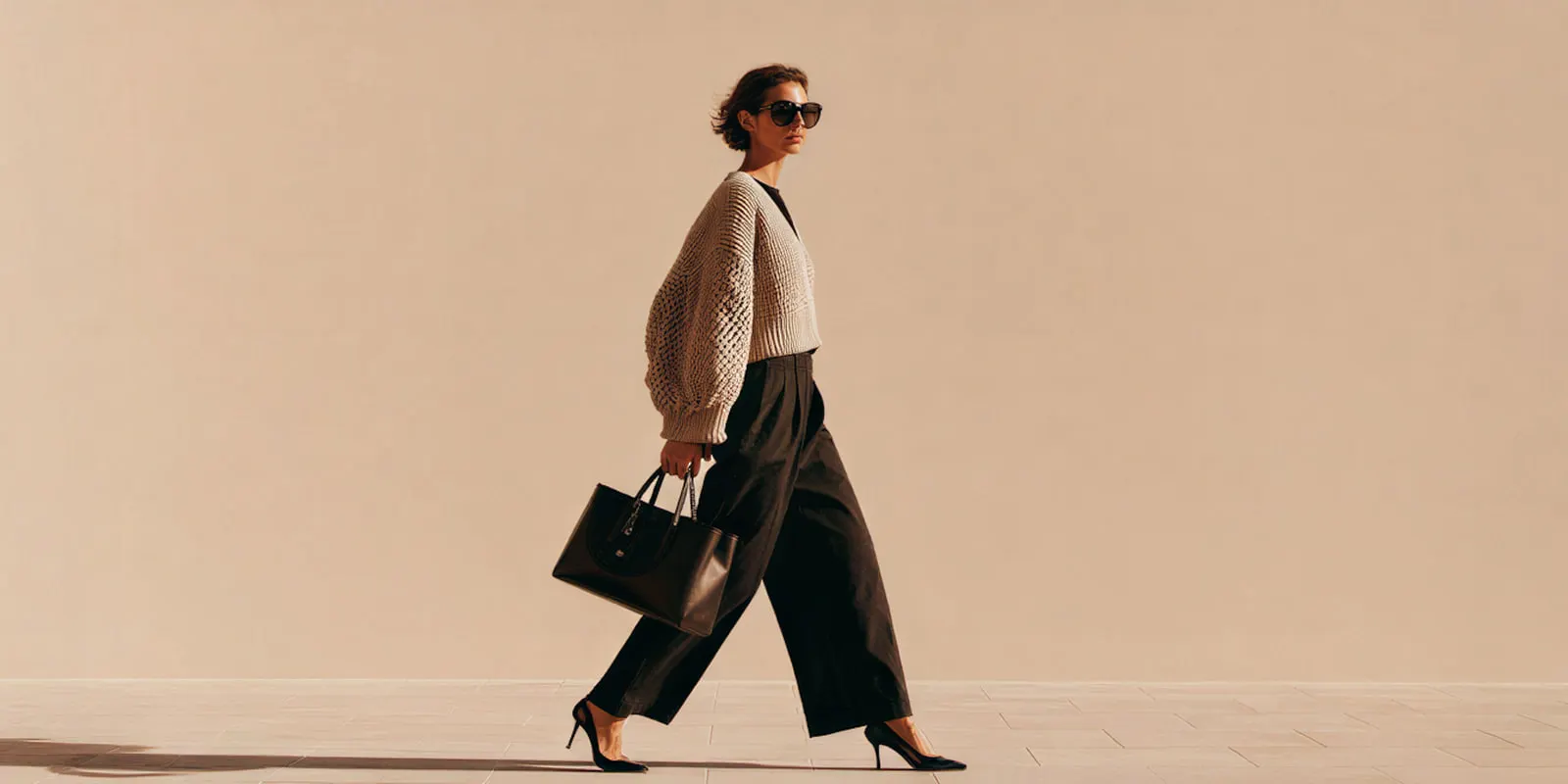 Woman in a chunky knit cardigan and wide black trousers walks past a beige wall, the kind of on-model shot every garment page needs