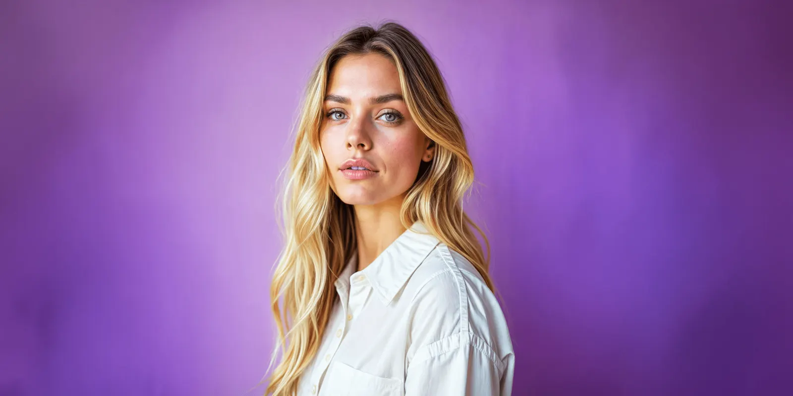 Woman with wavy blonde hair in a white shirt facing the camera on a purple backdrop, a person shoot that differs from a product shoot