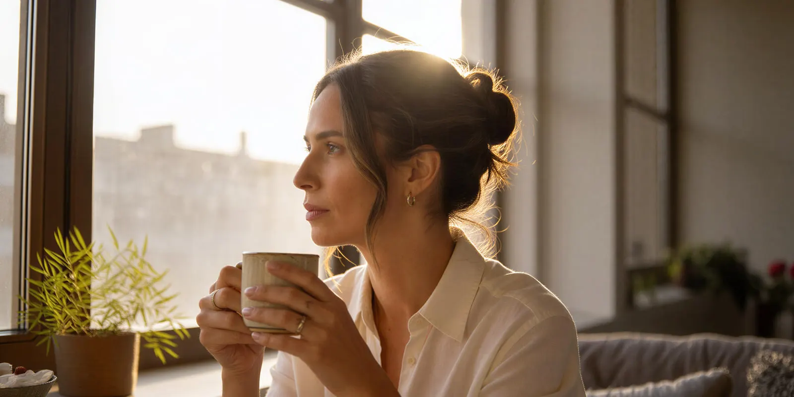 Woman holding a ceramic cup beside a sunlit window, with one clear light source and a bright rim on her hair