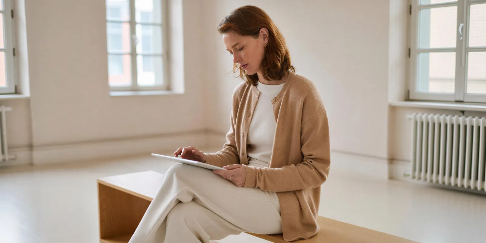 A woman in a camel cardigan sits on a wooden bench and checks a tablet closely, comparing the item in an ad with the real product