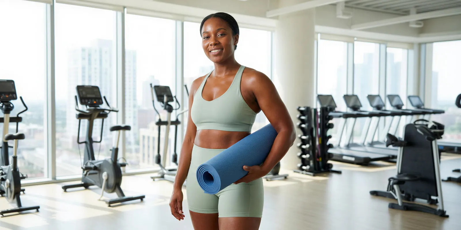 Woman in a green training set holding a rolled blue yoga mat in a gym, the kind of product-in-hand photo a video clip can start from