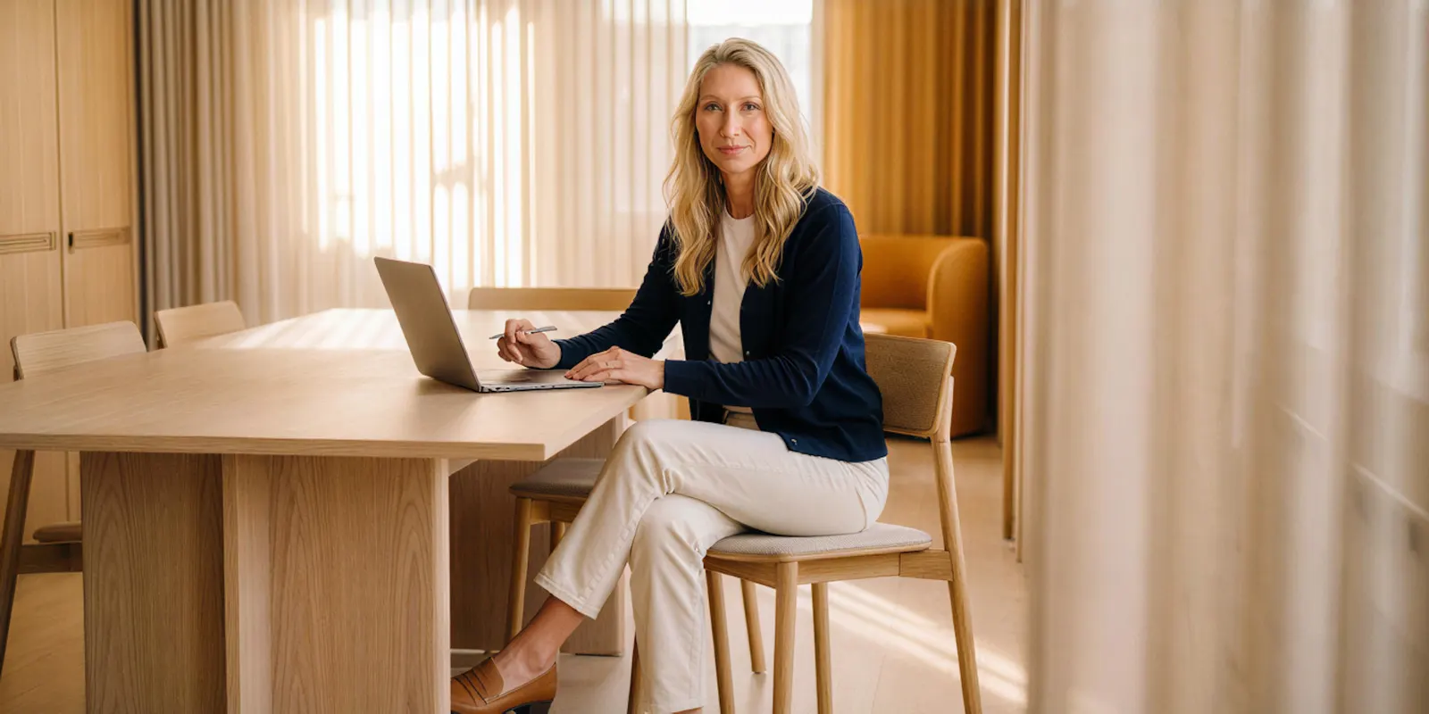 Woman in a navy cardigan works at a laptop on a long wooden table, counting the variants a campaign needs before pricing it