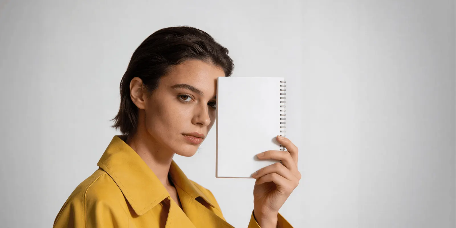 A woman in a yellow coat holds a blank spiral notebook beside her face, ready to write a campaign concept in one sentence