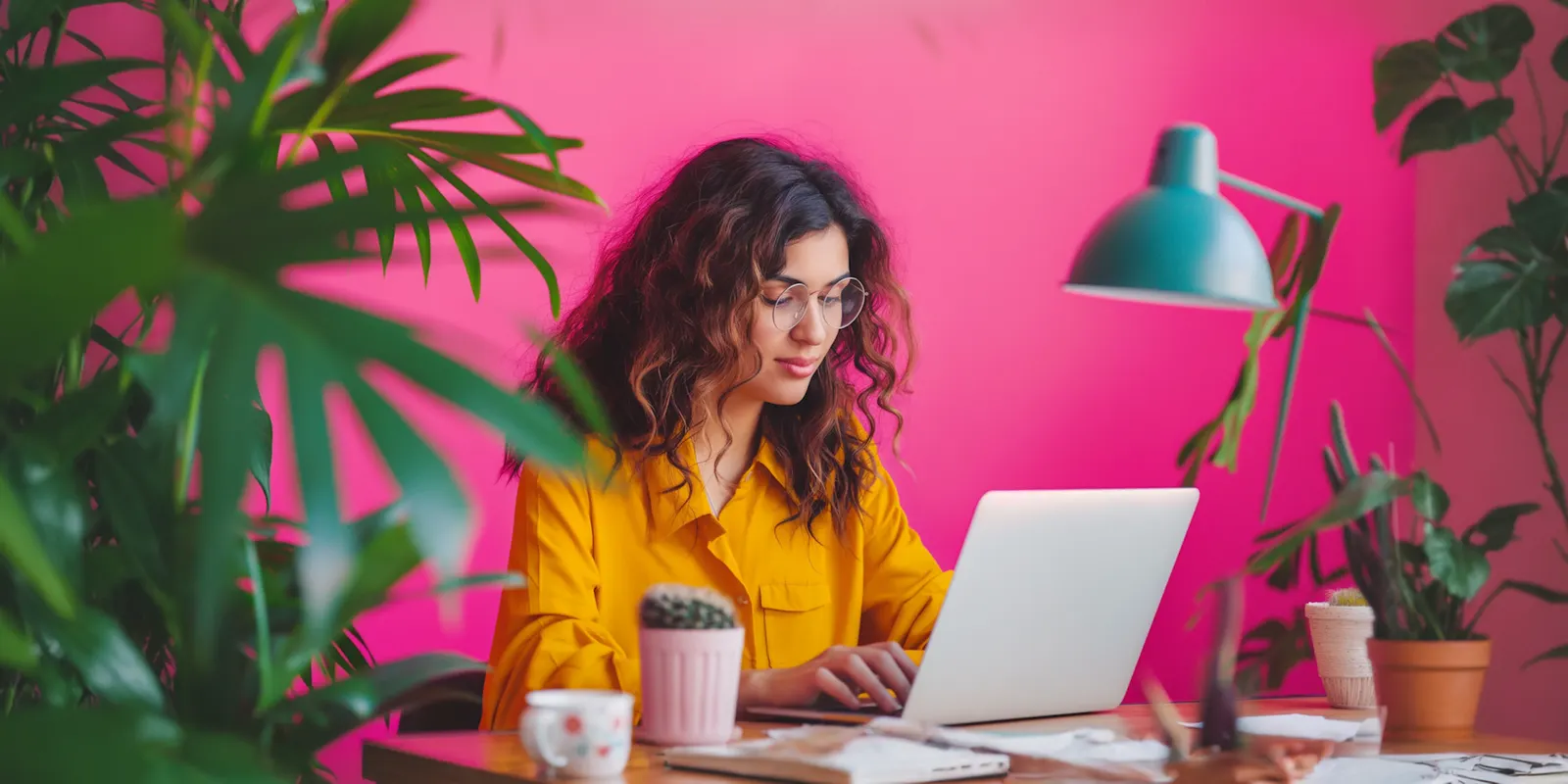 Woman in a yellow shirt smiles at a laptop on a desk with plants and a lamp, filling a short shot list before a shoot