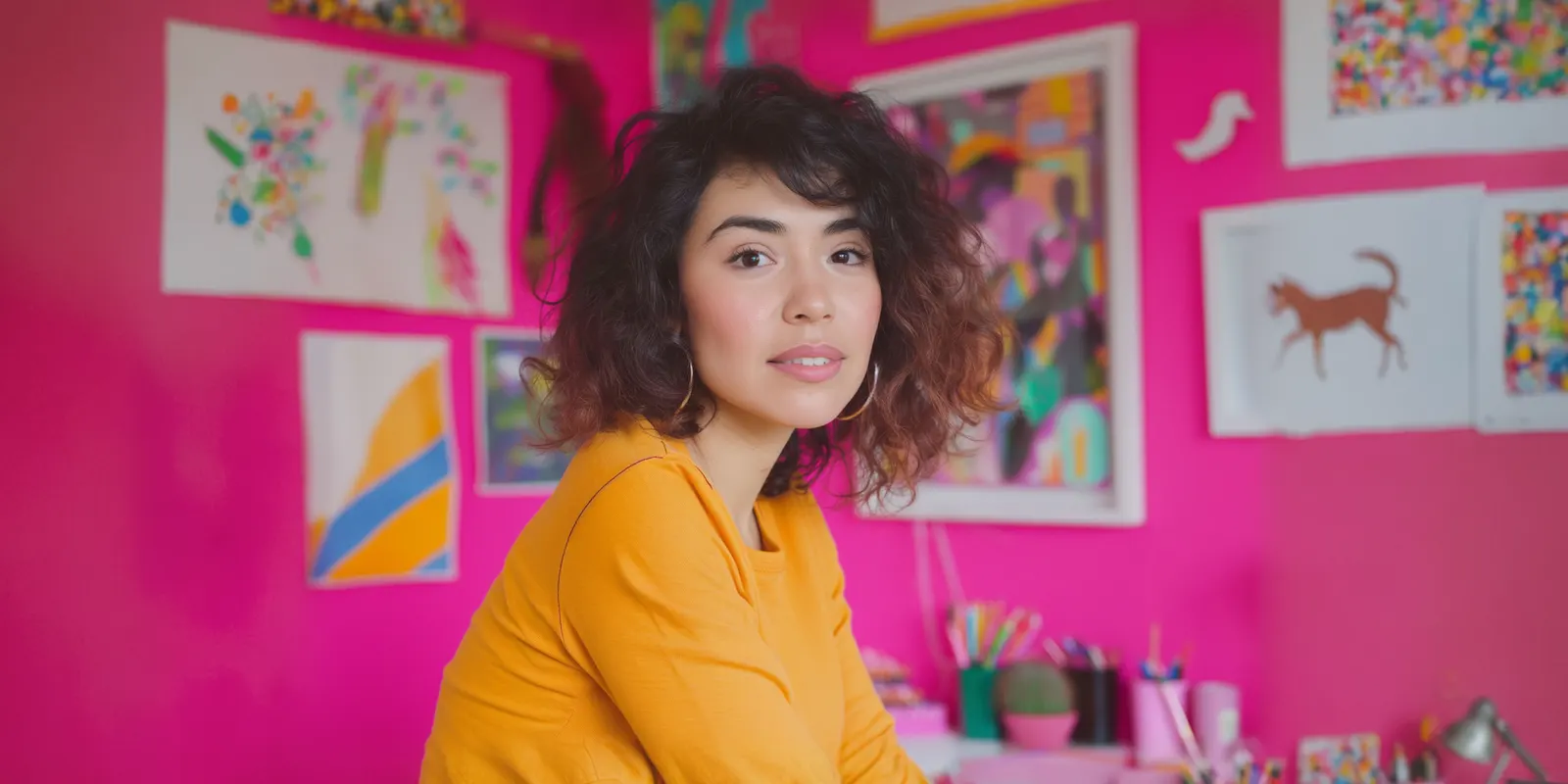 Illustrator in a yellow top sits in front of a pink wall covered in her own drawings and prints