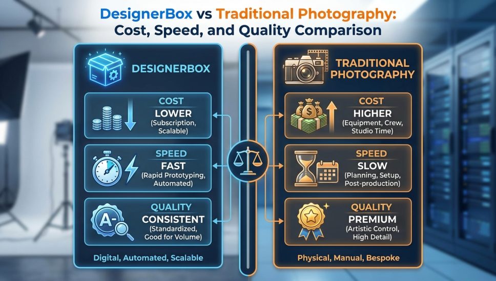 DesignerBox vs Traditional Photography: 2026 Comparison of Cost, Speed, and Visual Quality DesignerBox vs Traditional Photography: 2026 Comparison of Cost, Speed, and Visual Quality