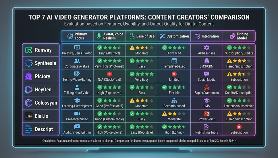 Top 7 AI Video Generator Platforms Compared for Content Creators in 2026 Top 7 AI Video Generator Platforms Compared for Content Creators in 2026