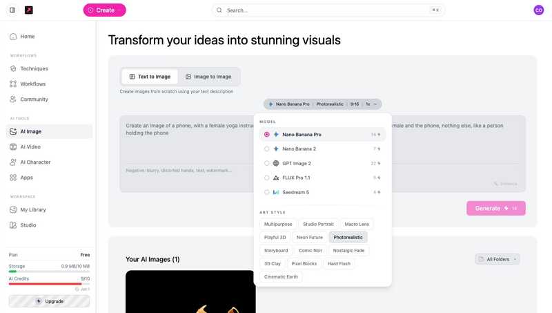 The AI Image options panel with model choices and their credit costs, plus art-style options