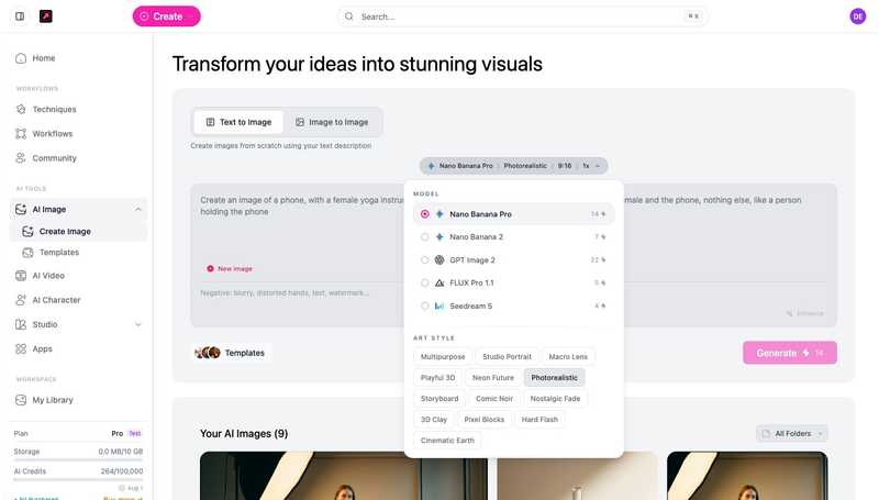 The AI Image options panel with model choices and their credit costs, plus art-style options