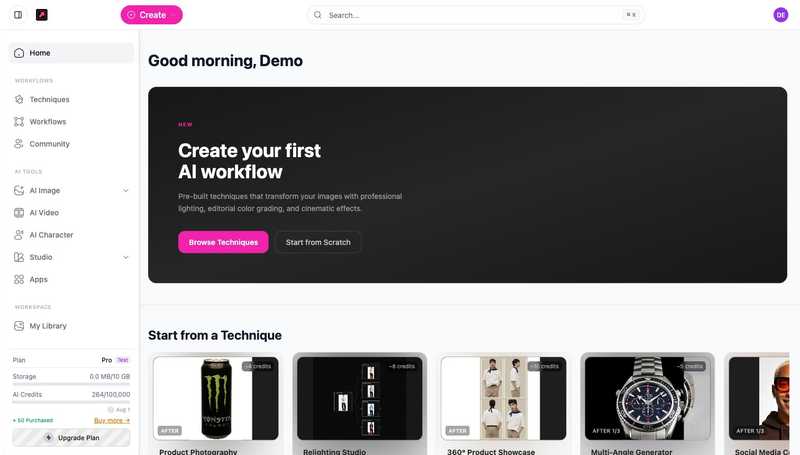 Écran d'accueil DesignerBox affichant AI Image, AI Video, Techniques et Nouveau flux de travail