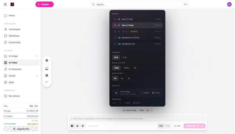 The AI Video options panel listing video models with per-second credit costs, format, resolution, and duration