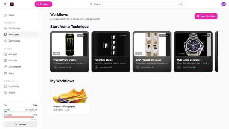 The Workflows screen with New Workflow, technique starting points, and saved workflows