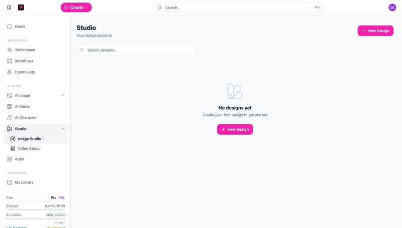 A DesignerBox workspace, with the sidebar showing the current plan, storage, and credits