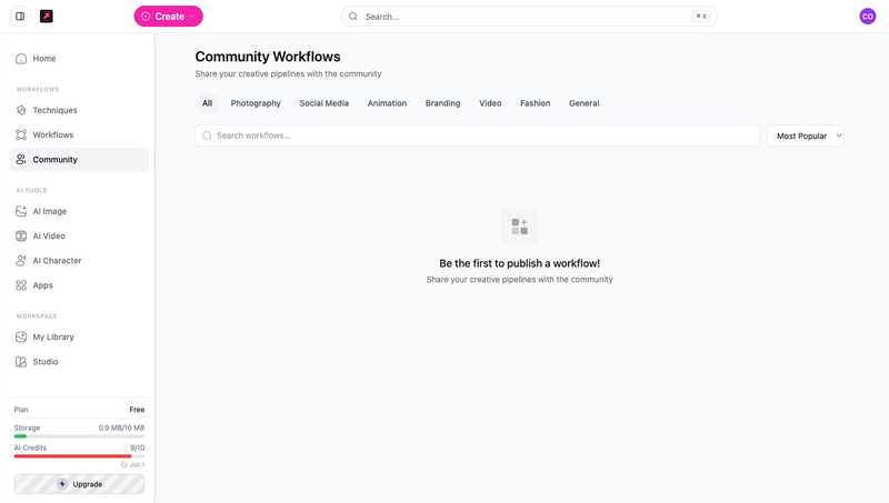 The Community Workflows screen with category tabs, a search box, and a sort control