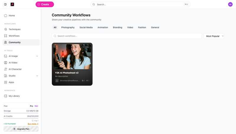 The Community Workflows screen with category tabs, a search box, and a sort control