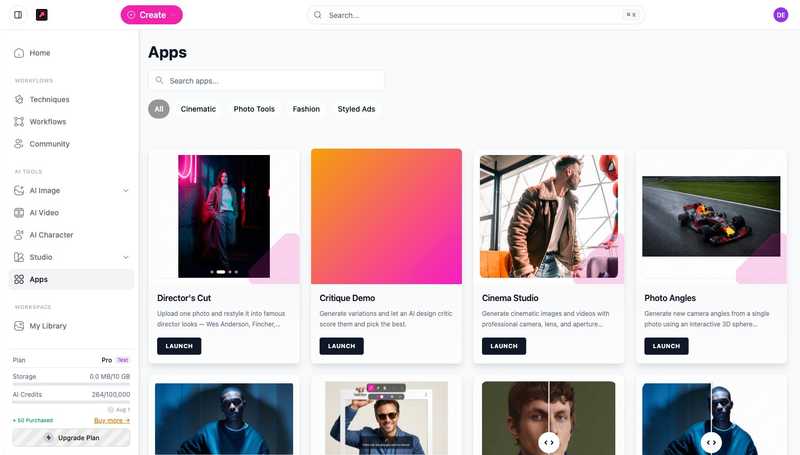 La bibliothèque Apps de DesignerBox, avec des outils à usage unique classés par catégorie et un bouton Launch sur chacun