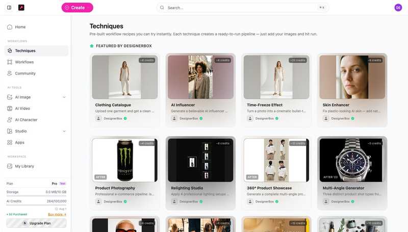 The DesignerBox Techniques library showing recipe cards such as Product Photography, Relighting Studio, and Multi-Angle Generator, each with a credit cost