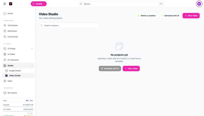 Video Studio, l'éditeur sur timeline de DesignerBox, avec Remix a creative, Generate with AI et New Video