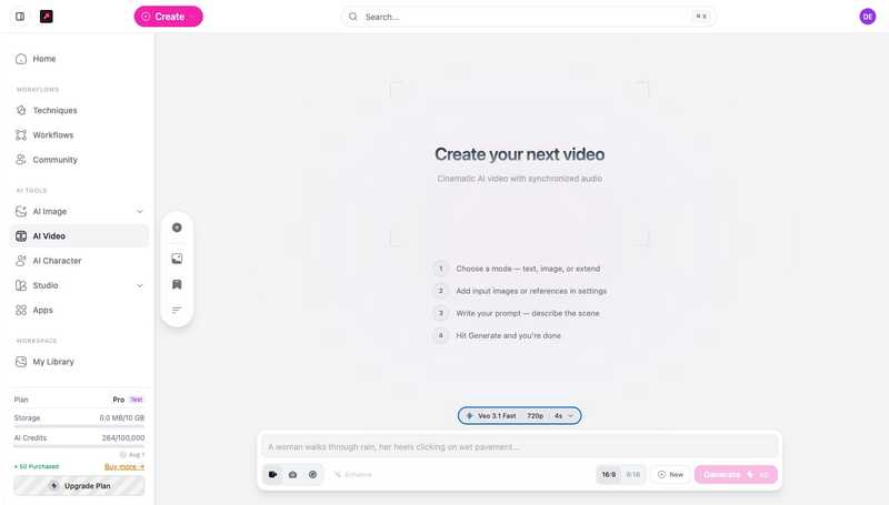 The AI Video tool showing the four steps, the model selector, prompt box, and mode buttons