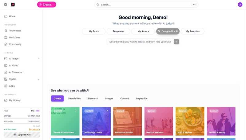 DesignerBox AI, avec une zone d'invite et les points de départ Create, Search Web, Research, Images, Content et Inspiration