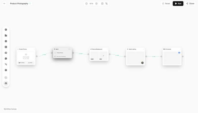 A five-node DesignerBox workflow: Product Photos, Batch, Remove Background, Studio Lighting, HD Upscale