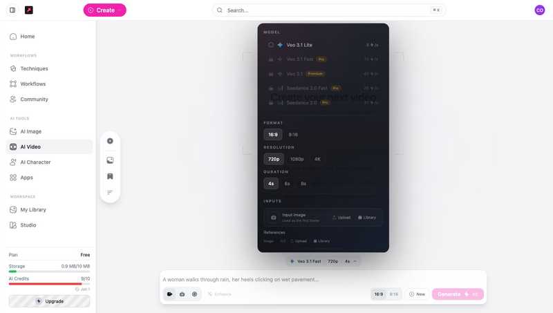 The AI Video options panel listing video models with per-second credit costs, format, resolution, and duration