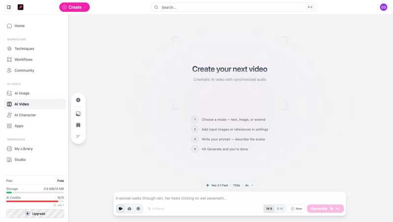 The AI Video tool showing the four steps, the model selector, prompt box, and mode buttons