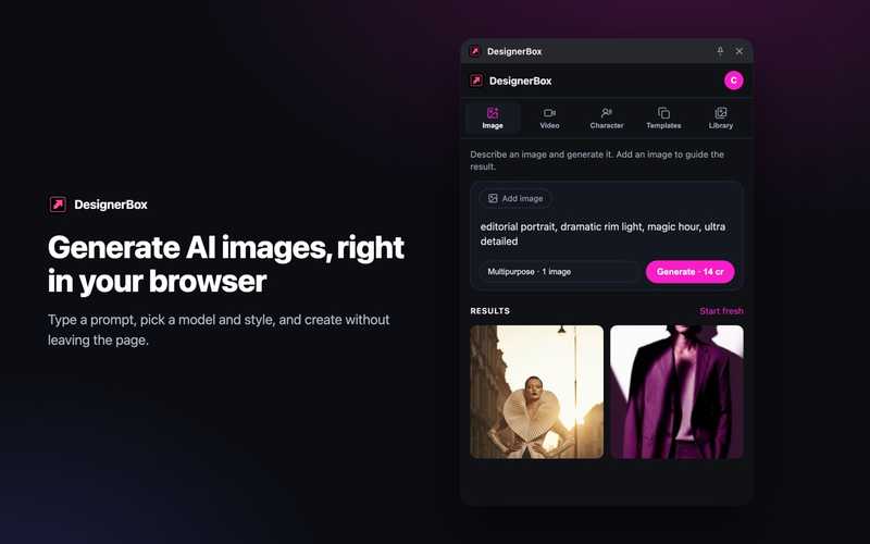 Le panneau latéral DesignerBox dans Chrome, avec les onglets Image, Video, Character, Templates et Library