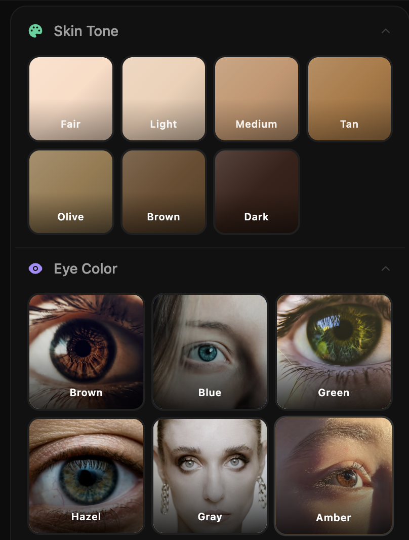 AI Character Builder eye color selector