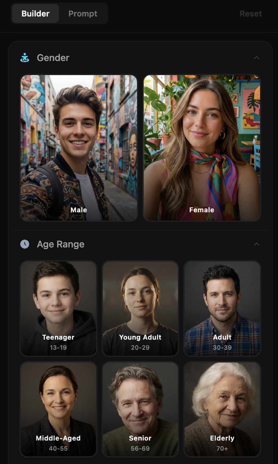AI Character Builder showing gender and age range controls