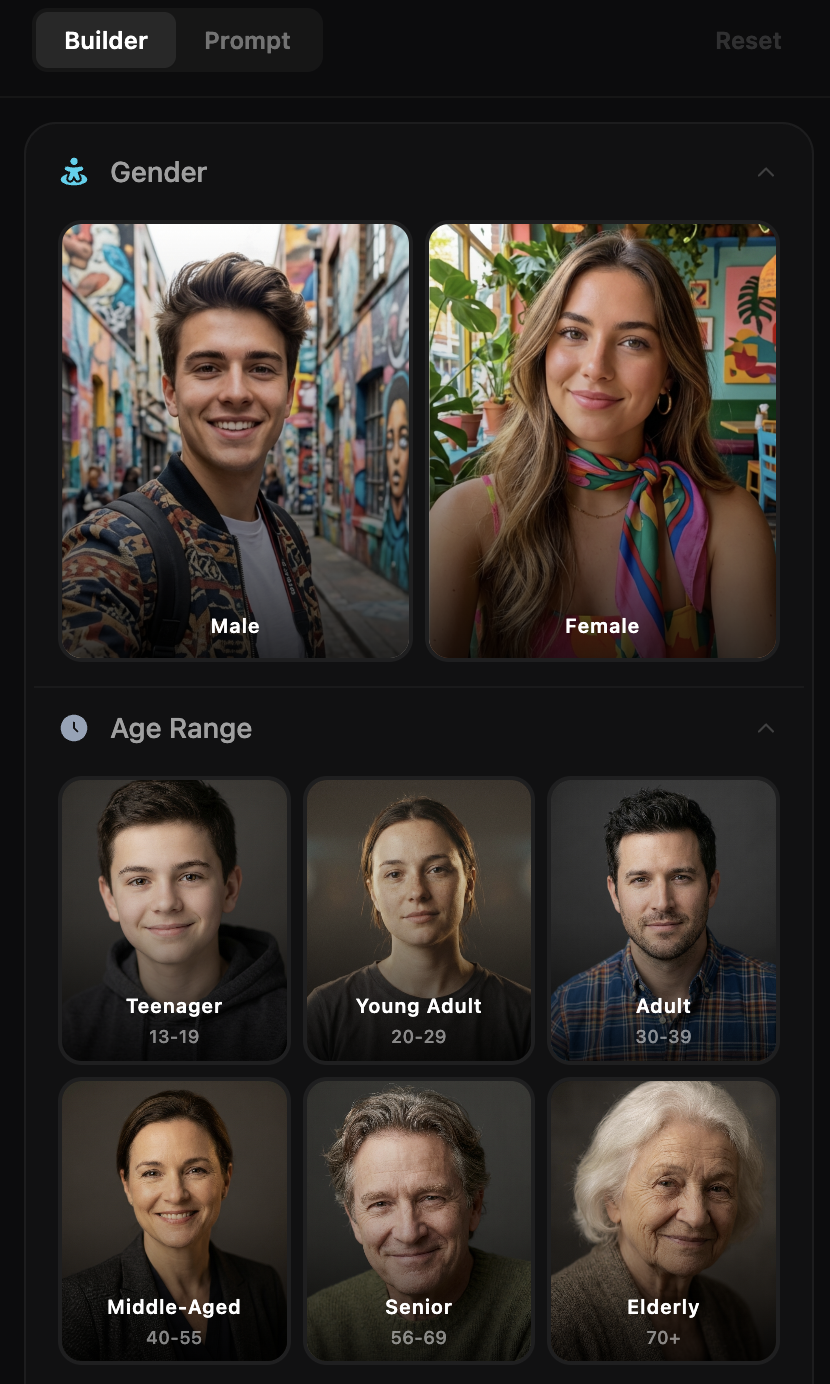 AI Character Builder showing gender and age range controls