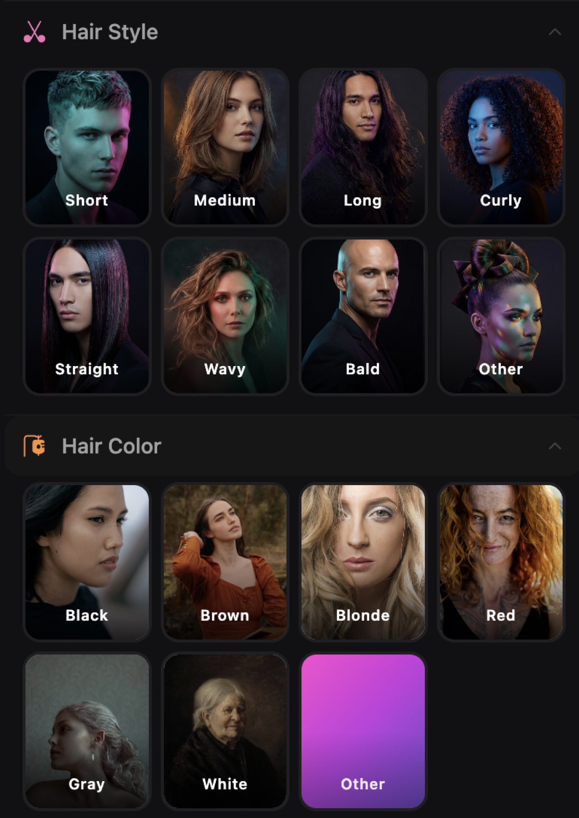 AI Character Builder hair style and hair color selectors