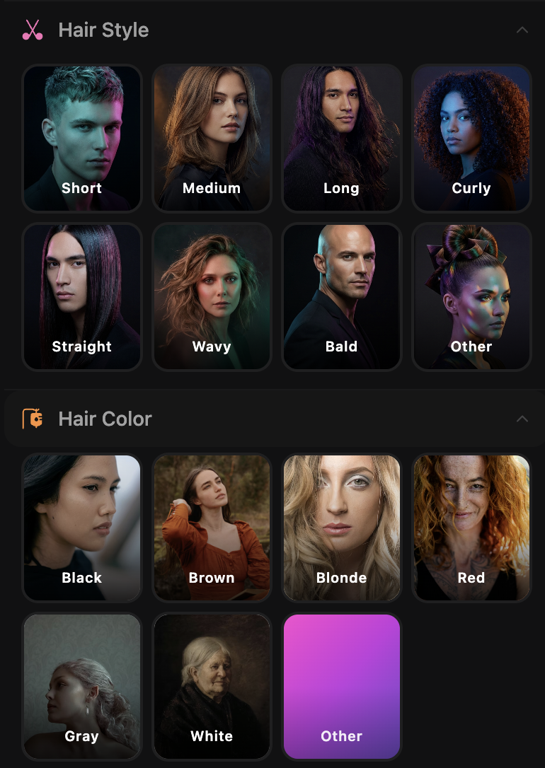 AI Character Builder hair style and hair color selectors