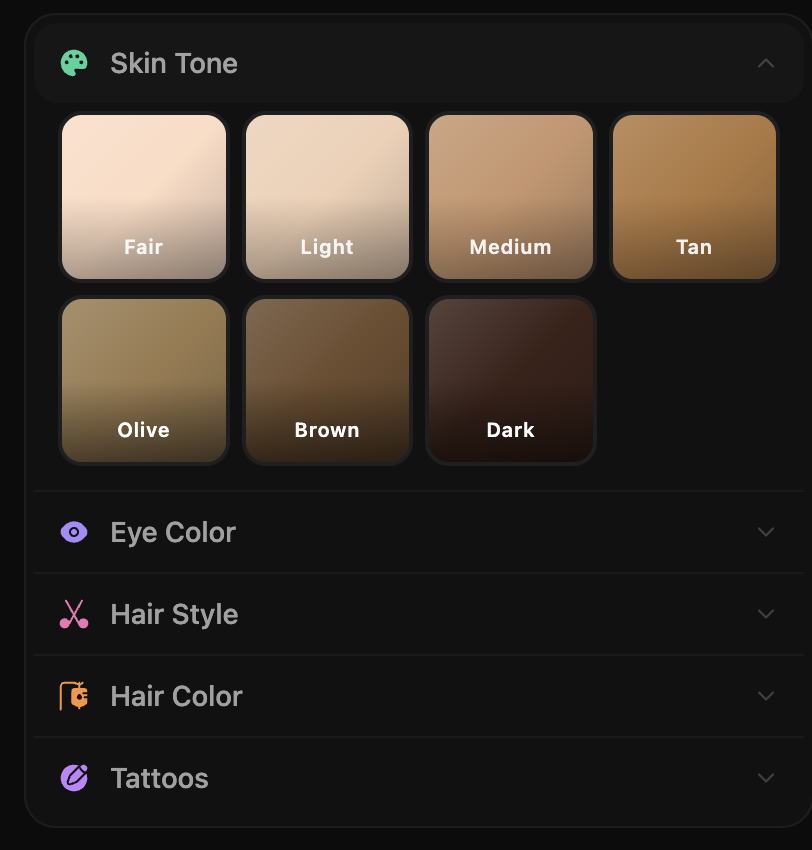 AI Character Builder skin tone controls