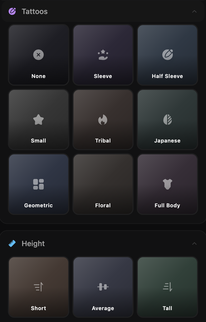 AI Character Builder tattoos and height settings