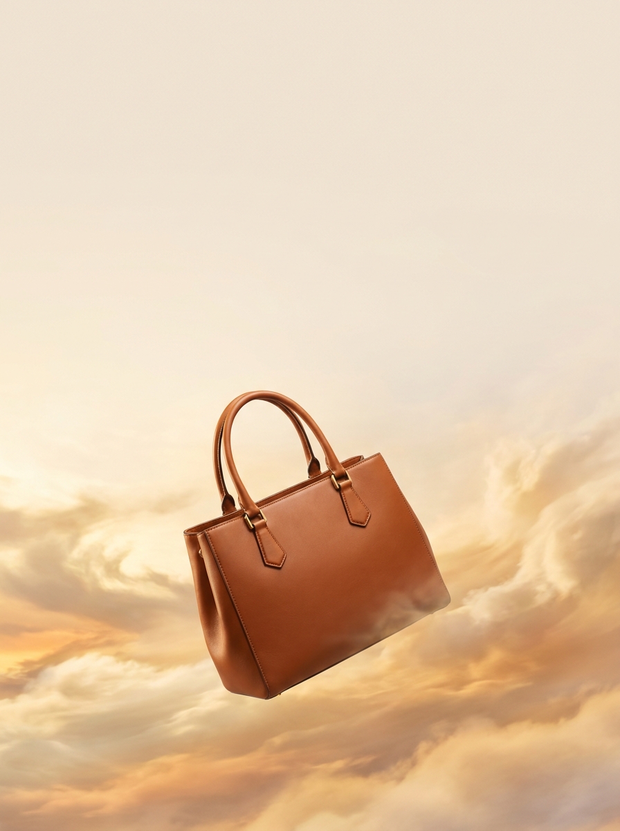 AI ad creative: leather handbag in golden-hour clouds