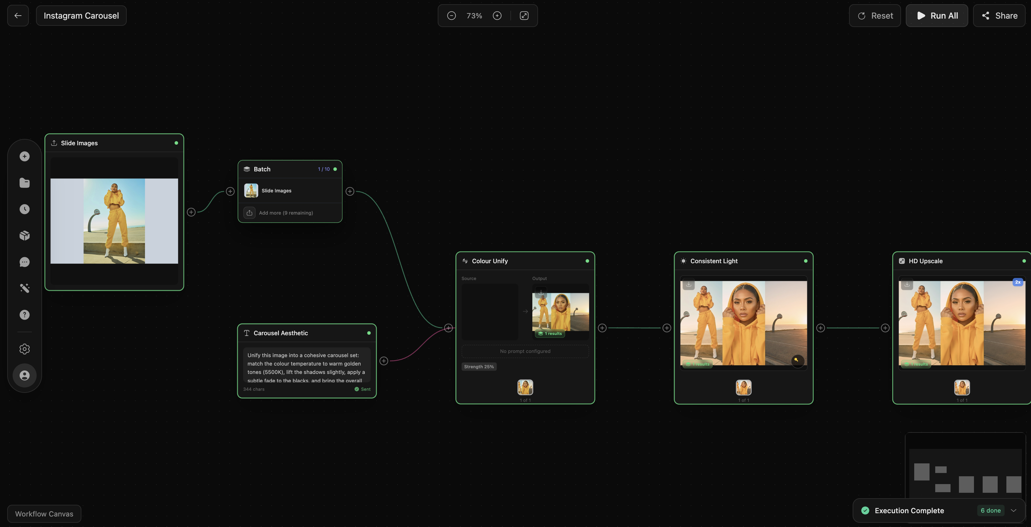 Workflow canvas standardizing campaign images across an Instagram carousel