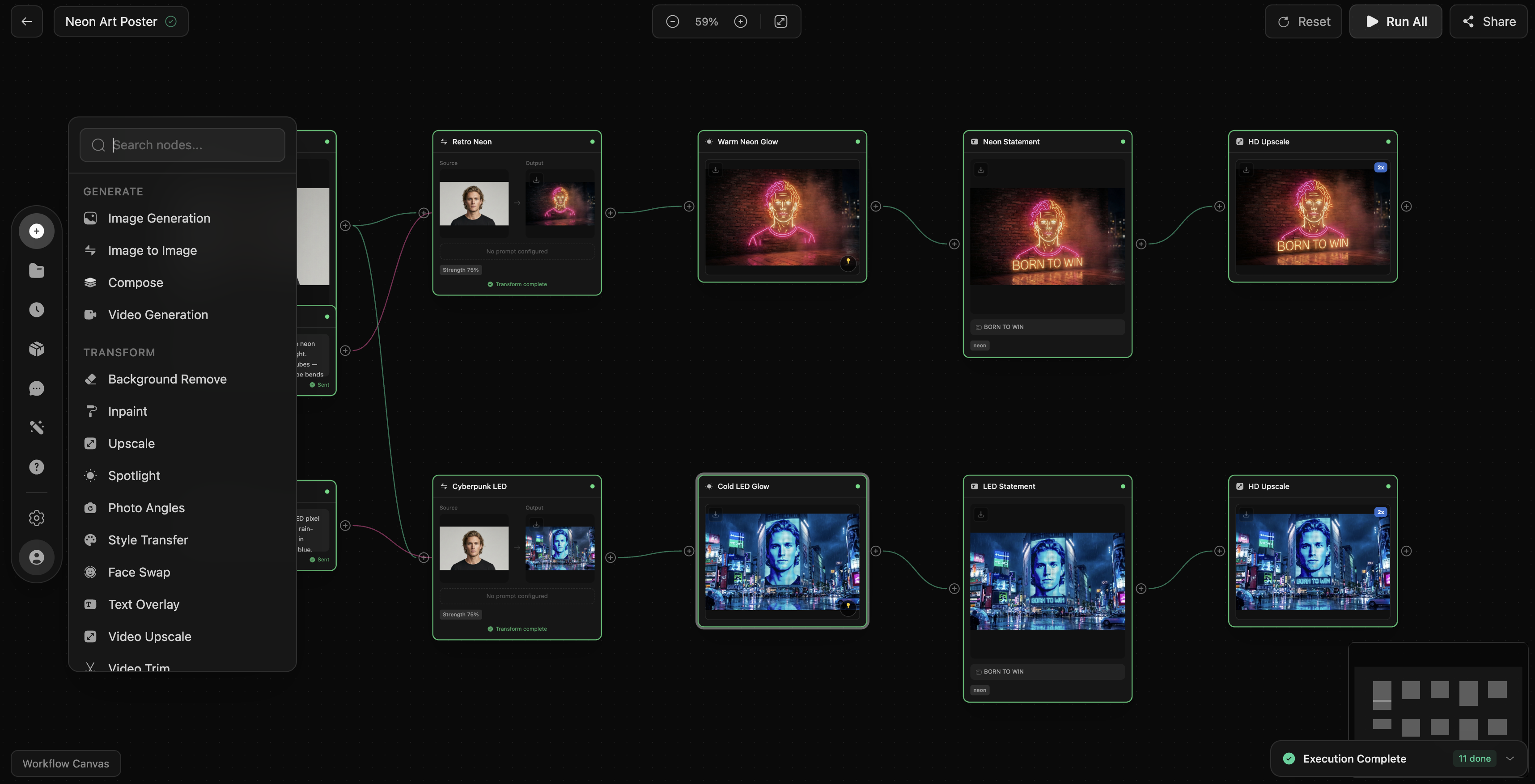 DesignerBox workflow canvas turning one concept into multiple stylized poster outcomes