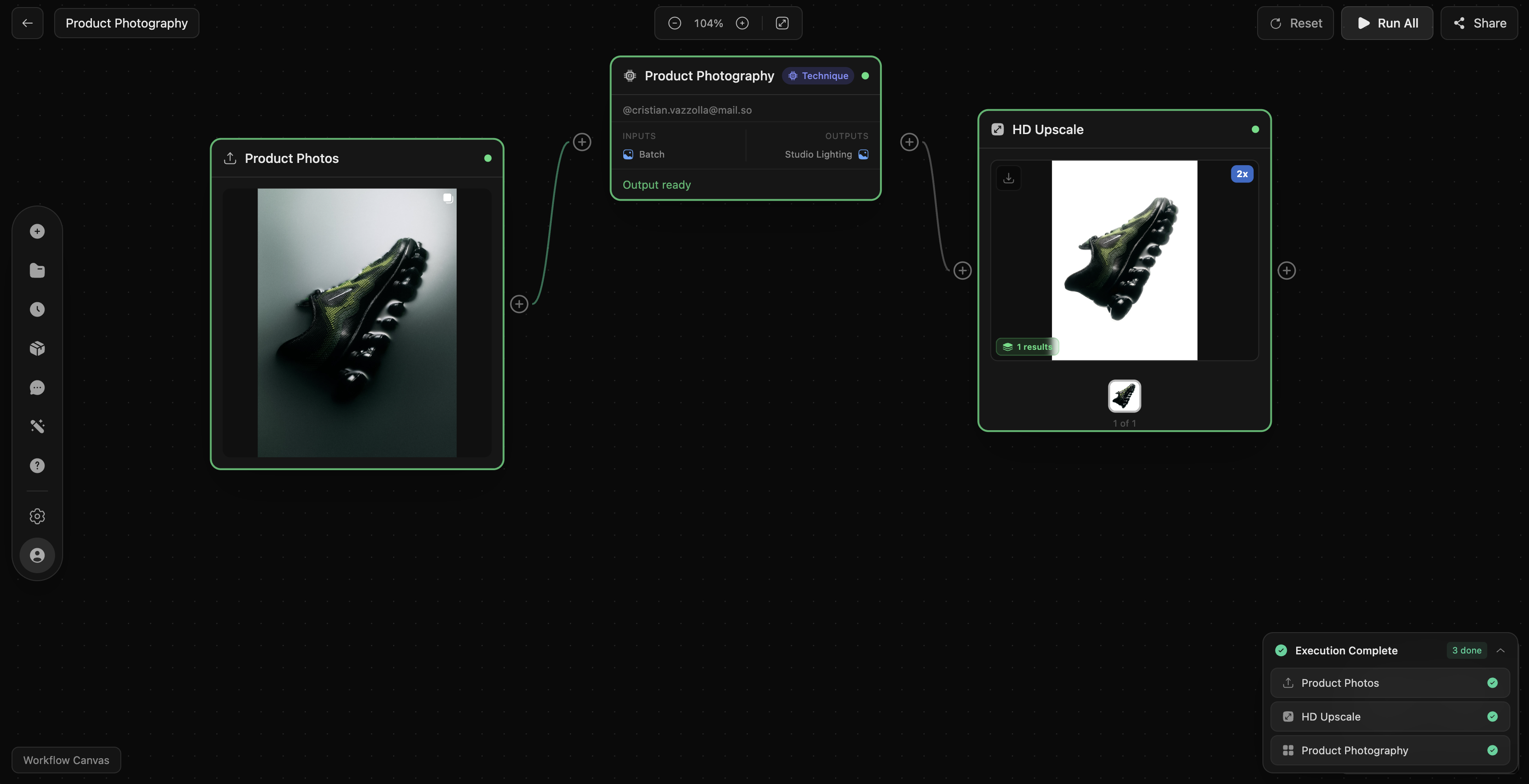 DesignerBox workflow canvas showing product photography input flowing through processing nodes to final output