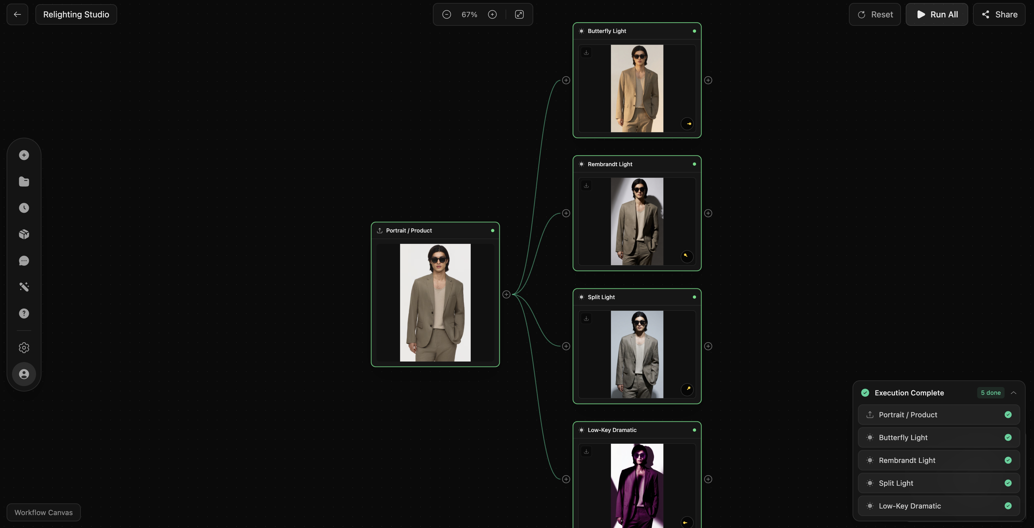 Workflow canvas branching one portrait into multiple relighting variations
