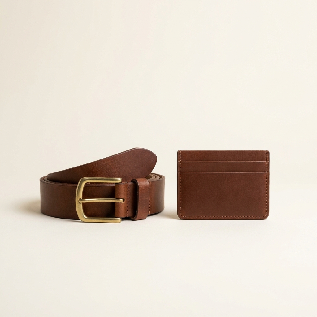 Overhead flat lay of a folded leather wallet on a pale stone surface