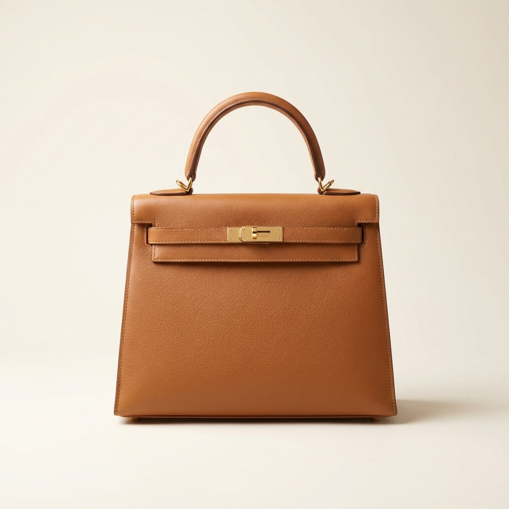 Structured leather tote shot three-quarter on a pale studio background