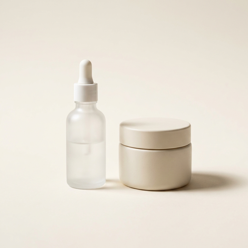 Frosted glass dropper bottle beside a matte cream jar on a plain cream background
