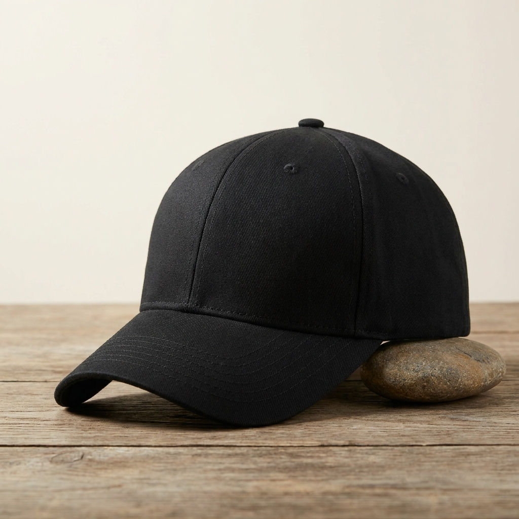Dieselbe schwarze Cap im Profil auf verwittertem Holz neben einem glatten grauen Stein