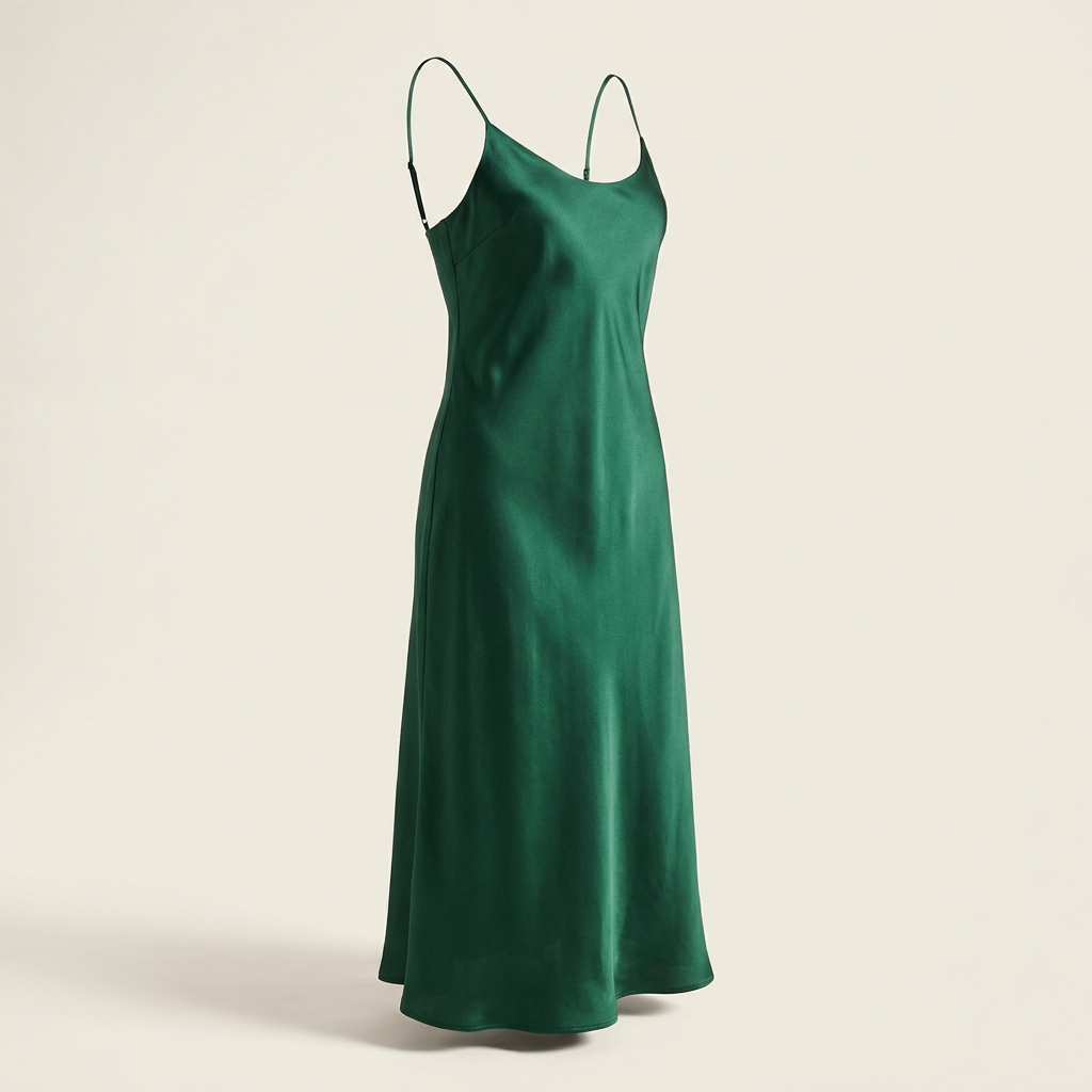 Dasselbe grüne Kleid im Dreiviertelprofil, sodass der Schrägschnitt sichtbar wird