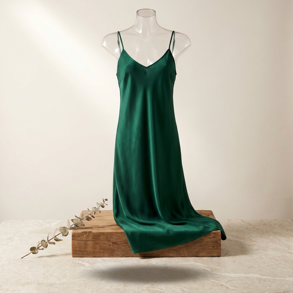 Dasselbe Kleid auf einer Büste, gestylt auf einem Holzblock neben getrocknetem Eukalyptus